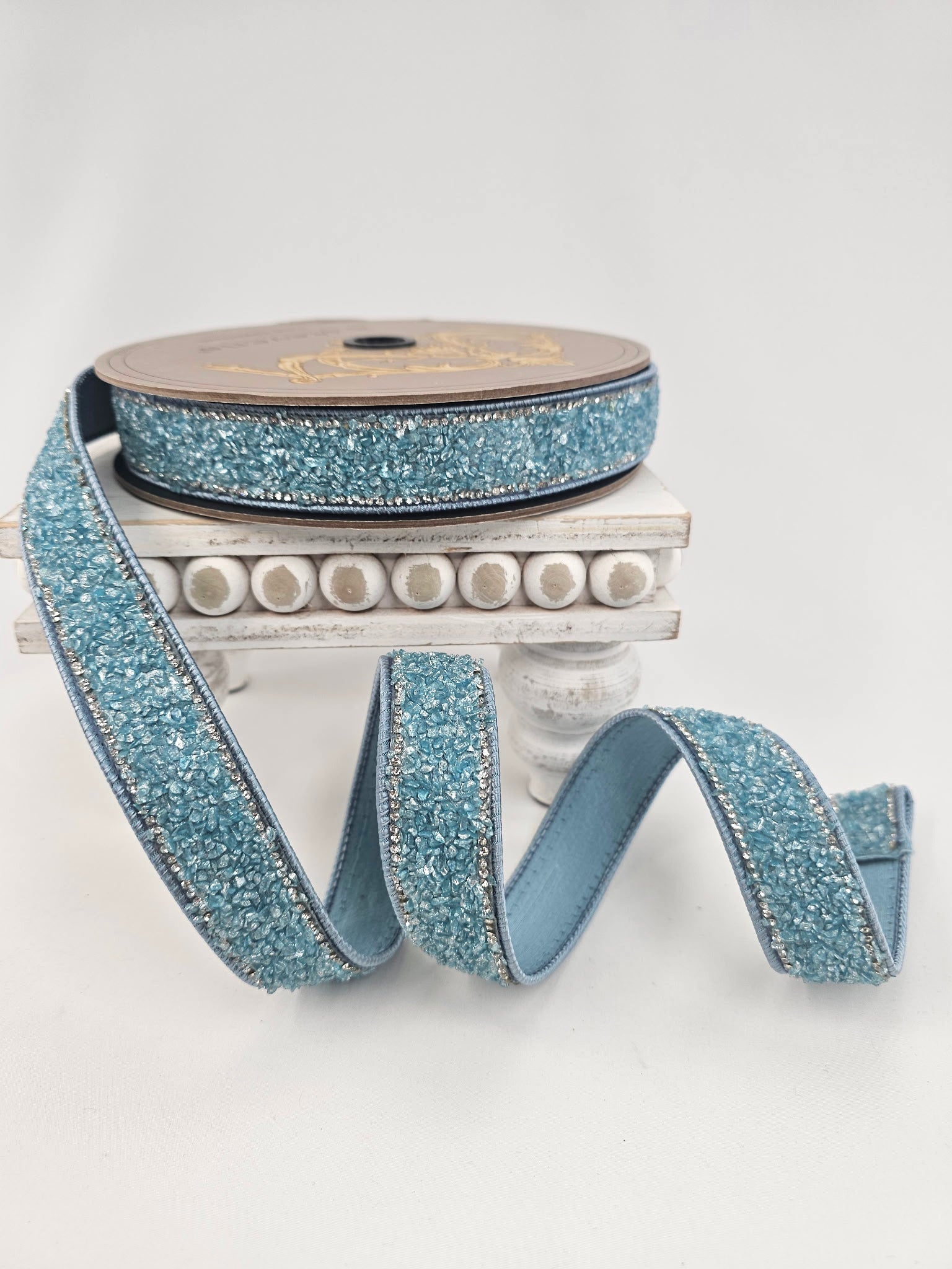 オールドデック　ブルーリボン d. stevens Dusty Blue Rock Candy Crystal Side Trim Wired Ribbon