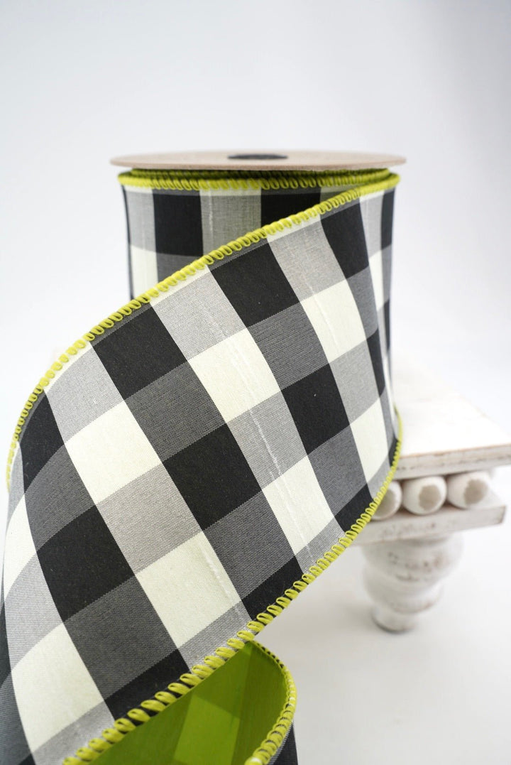 D stevens Faux dupion check with green back wired ribbon 4” - Greenery Market88-1840