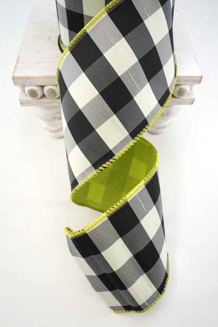 D stevens Faux dupion check with green back wired ribbon 4” - Greenery Market88-1840