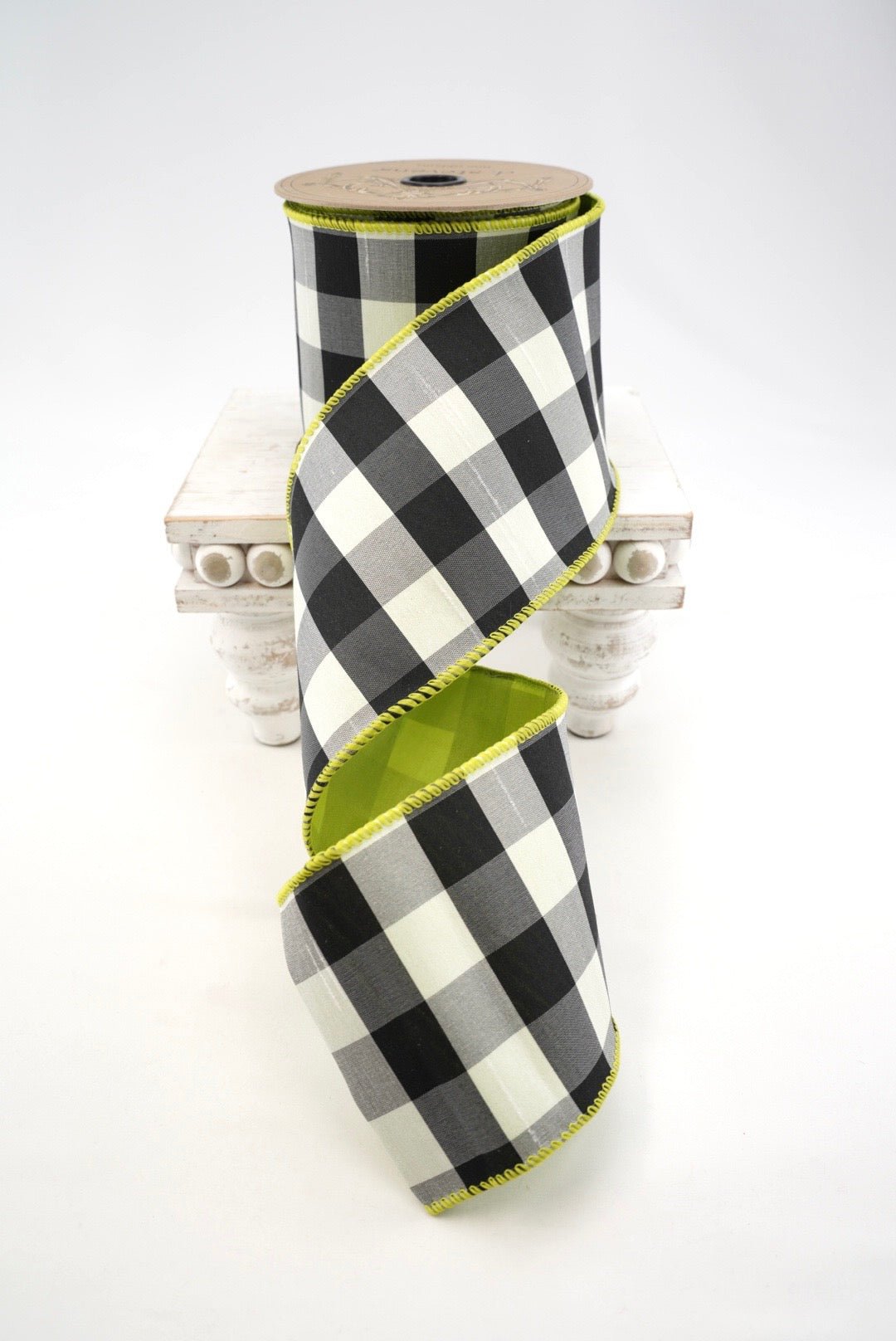 D stevens Faux dupion check with green back wired ribbon 4” - Greenery Market88-1840