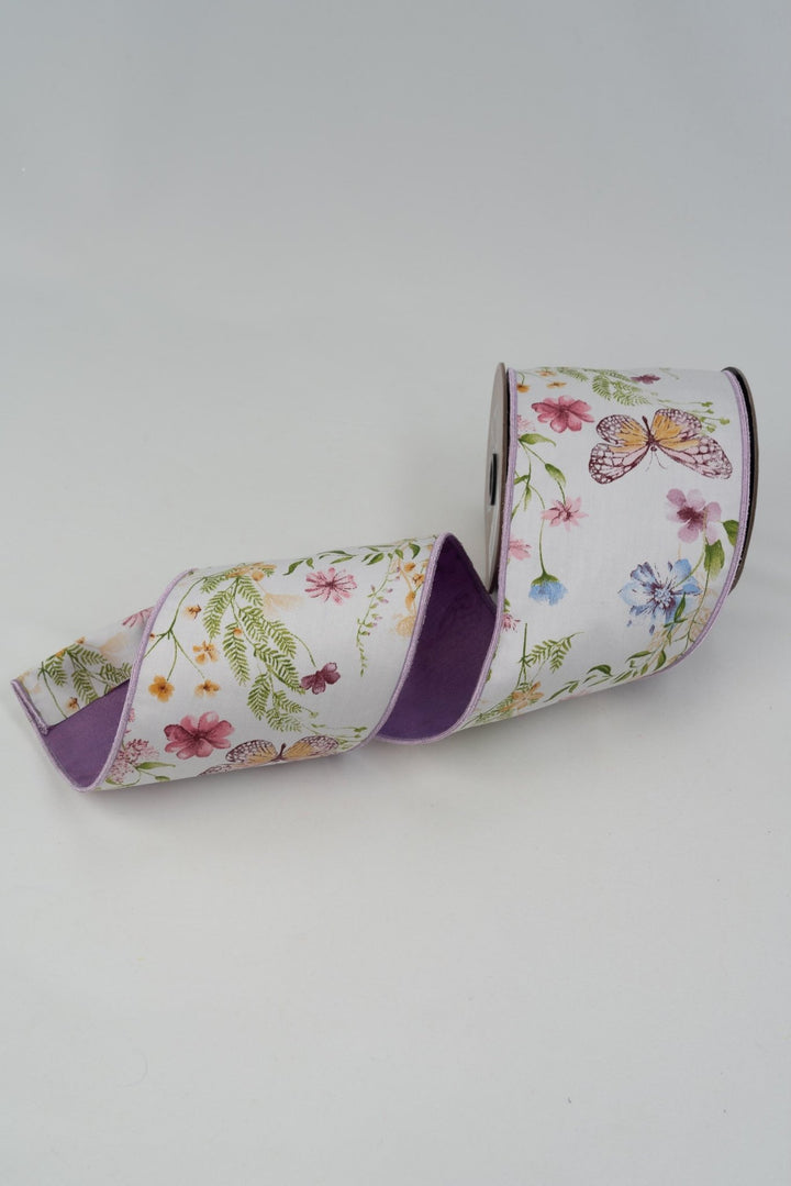 d. stevens Green, Lavender, & Blue Spring Floral Garden Butterflies Taffeta Wired Ribbon - 4" - Greenery MarketWired ribbon45-0266