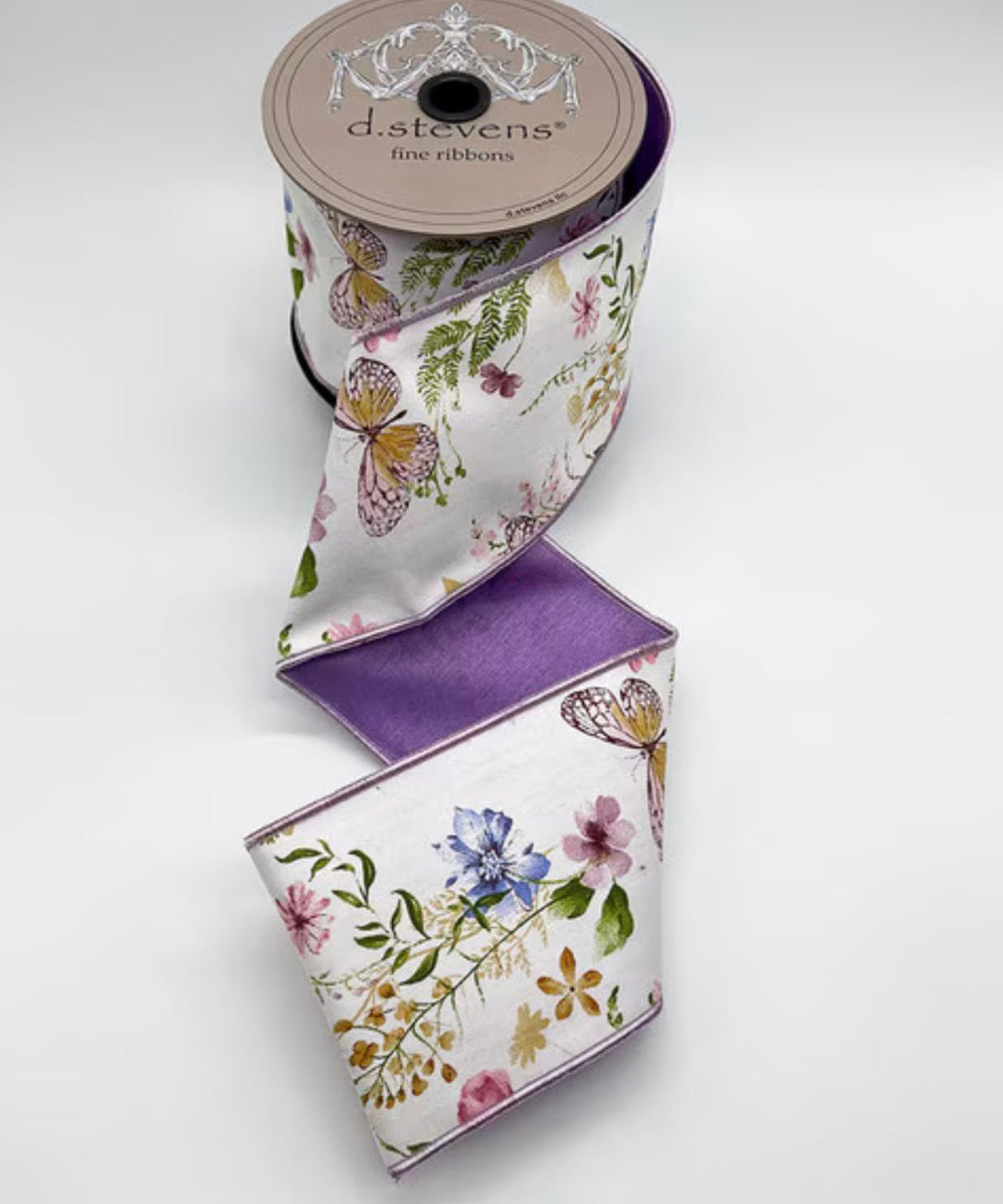 d. stevens Green, Lavender, & Blue Spring Floral Garden Butterflies Taffeta Wired Ribbon - 4" - Greenery MarketWired ribbon45-0266