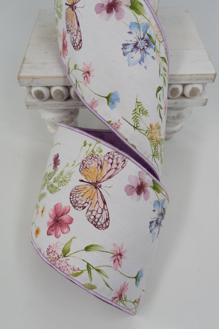 d. stevens Green, Lavender, & Blue Spring Floral Garden Butterflies Taffeta Wired Ribbon - 4" - Greenery MarketWired ribbon45-0266