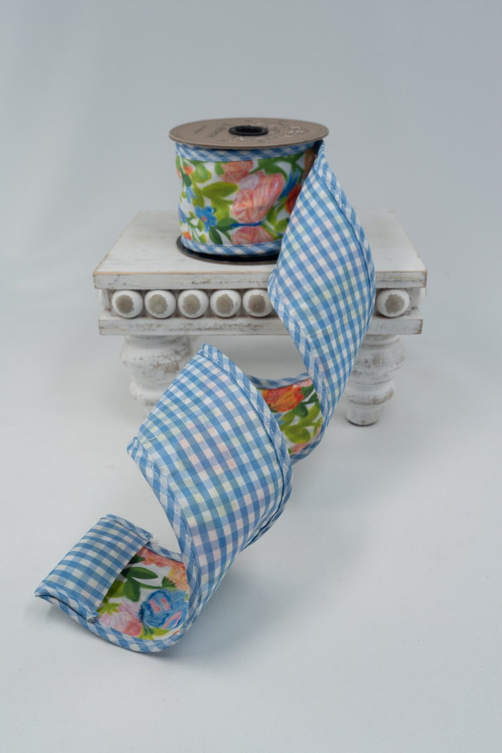 d. stevens Green, Pink, & Orange Mix Spring Floral Bow With Blue Gingham Back Poplin Wired Wired Ribbon - 2.5" - Greenery MarketWired ribbon18-4829