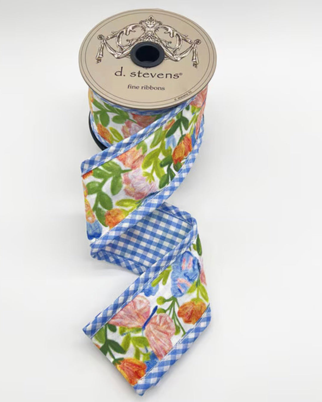 d. stevens Green, Pink, & Orange Mix Spring Floral Bow With Blue Gingham Back Poplin Wired Wired Ribbon - 2.5" - Greenery MarketWired ribbon18-4829