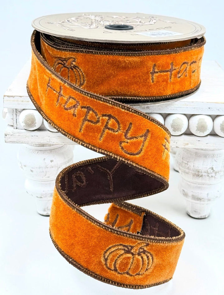 D Stevens Happy Fall Velvet Wired Ribbon 1.5” - Greenery Market18-4583