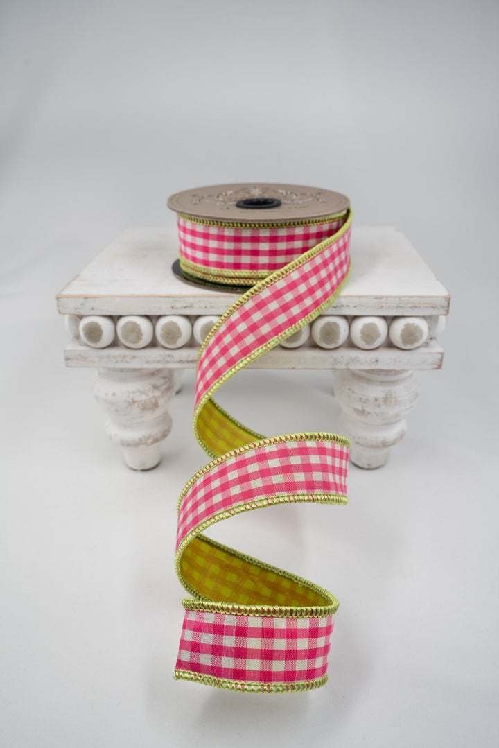 d. stevens Hot Pink & White Gingham Check Lime Back Wired Ribbon - 1" - Greenery MarketWired ribbon18-4843
