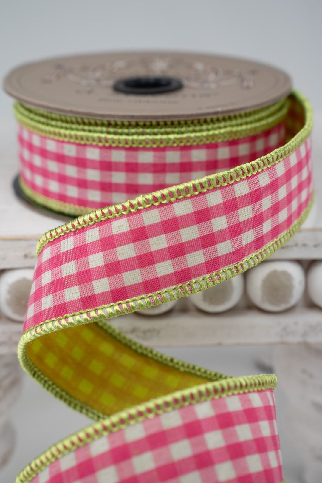 d. stevens Hot Pink & White Gingham Check Lime Back Wired Ribbon - 1" - Greenery MarketWired ribbon18-4843