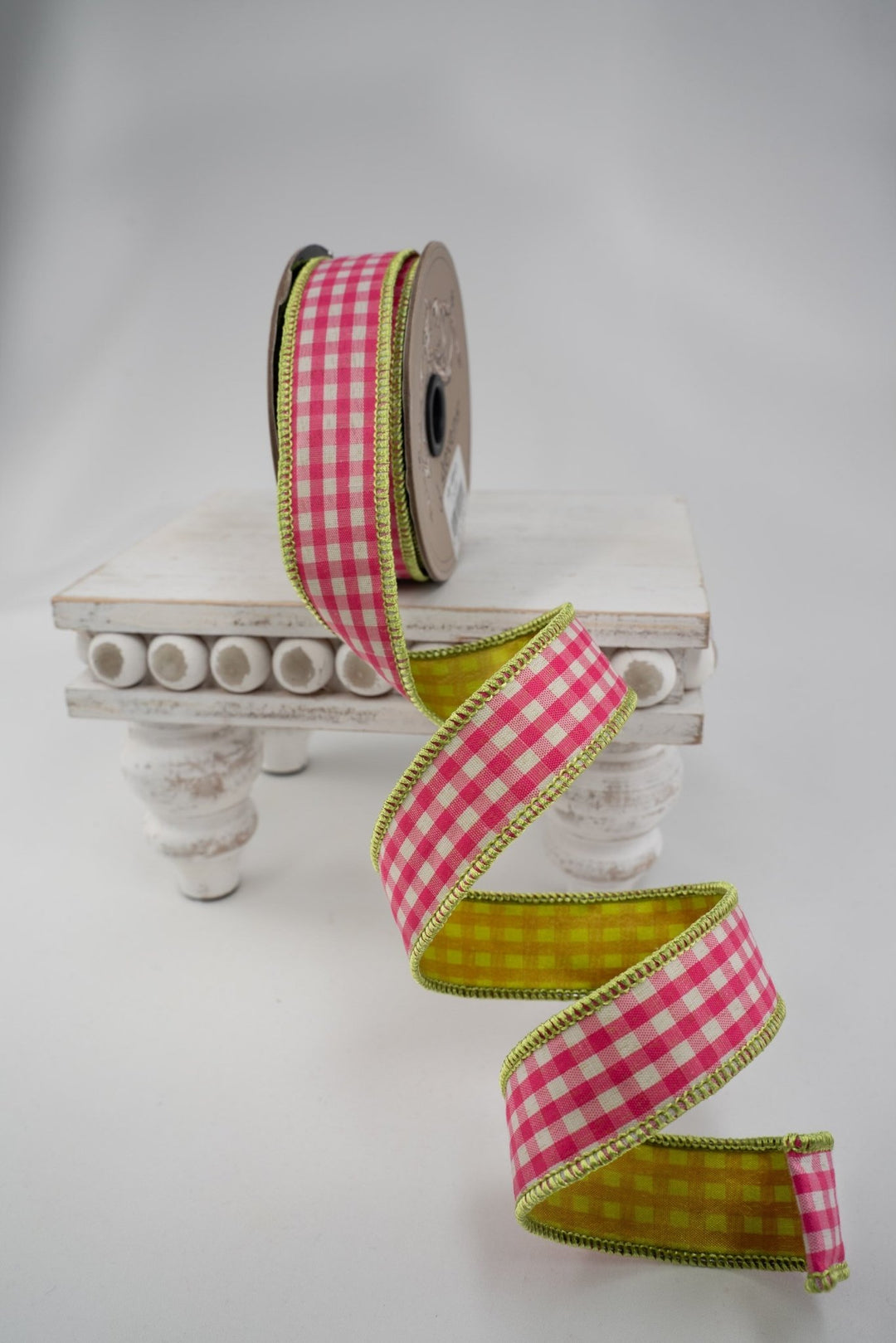 d. stevens Hot Pink & White Gingham Check Lime Back Wired Ribbon - 1" - Greenery MarketWired ribbon18-4843