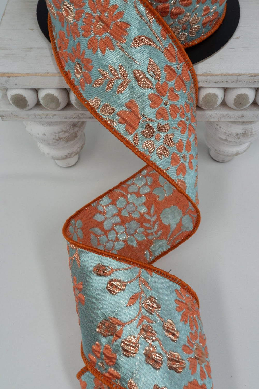 d. stevens Ice Blue & Dark Peach Metallic Floral Jacquard Wired Ribbon - 2.5" - Greenery MarketWired ribbon88-4791