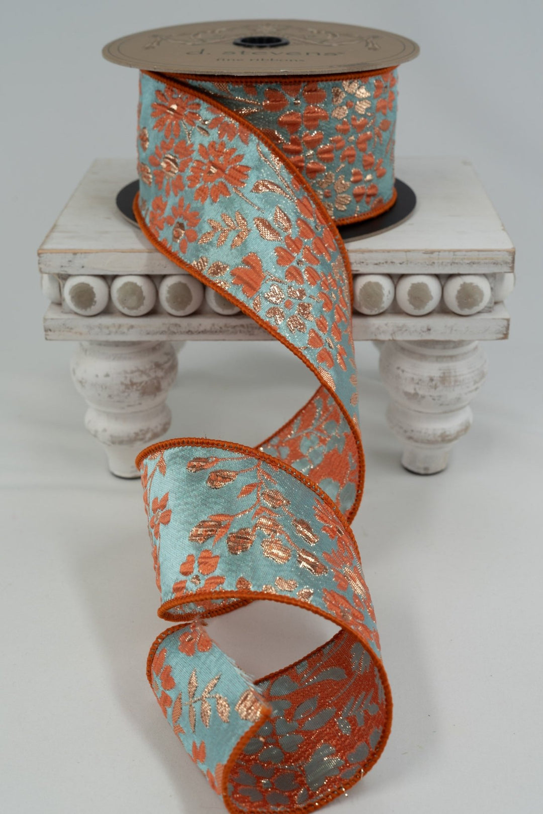 d. stevens Ice Blue & Dark Peach Metallic Floral Jacquard Wired Ribbon - 2.5" - Greenery MarketWired ribbon88-4791