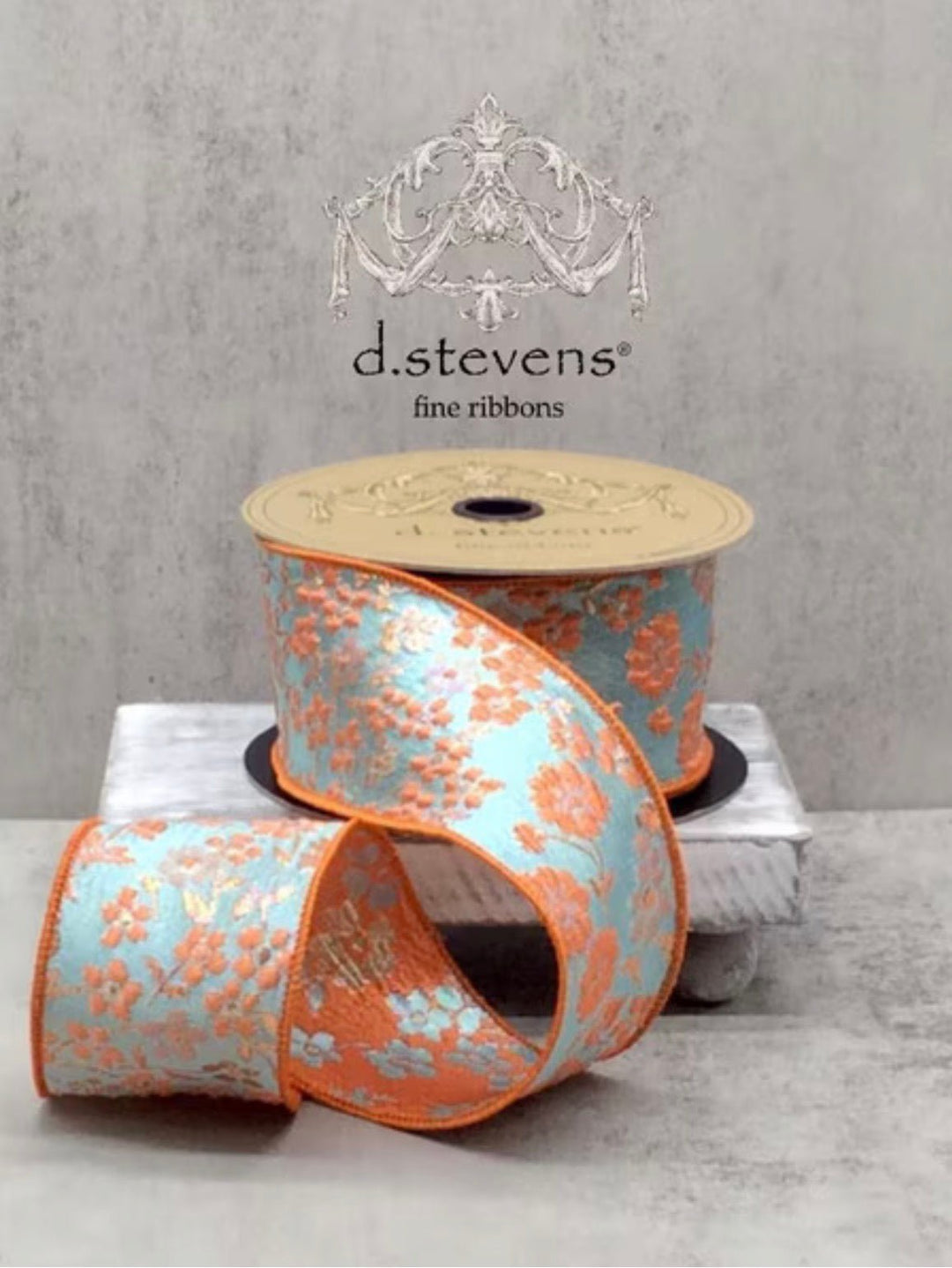 d. stevens Ice Blue & Dark Peach Metallic Floral Jacquard Wired Ribbon - 2.5" - Greenery MarketWired ribbon88-4791