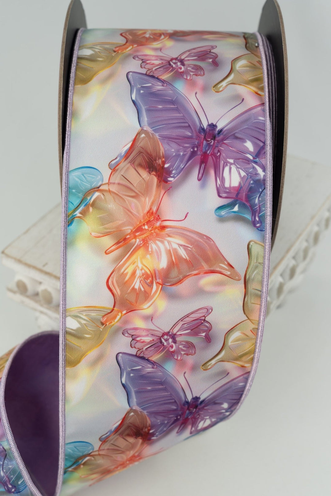 d stevens Lavender, Aqua, & Amber Acrylic Look Pastel Butterflies With Lavender Back Taffeta Wired Ribbon - 4" - Greenery MarketWired ribbon45-0263