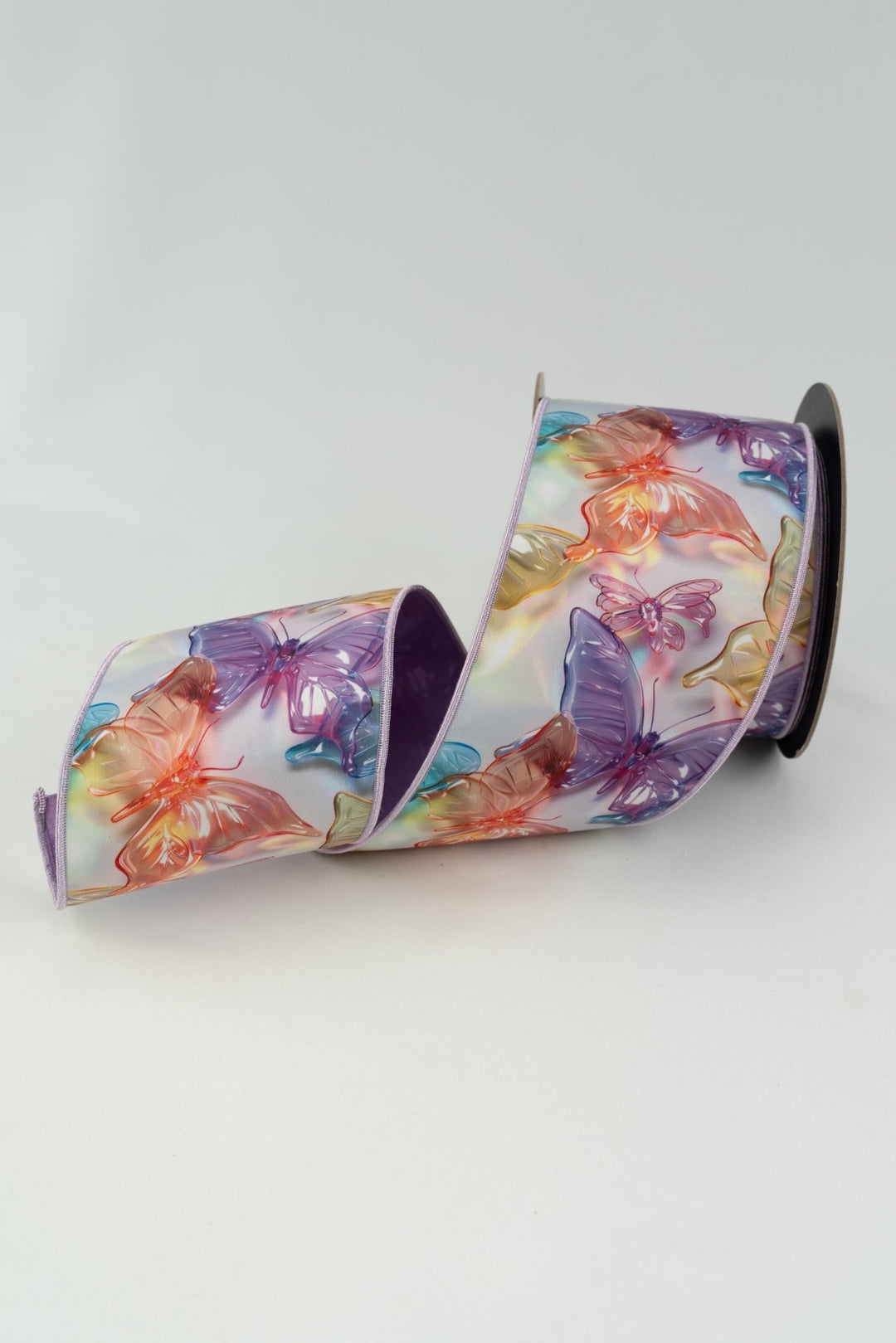 d stevens Lavender, Aqua, & Amber Acrylic Look Pastel Butterflies With Lavender Back Taffeta Wired Ribbon - 4" - Greenery MarketWired ribbon45-0263