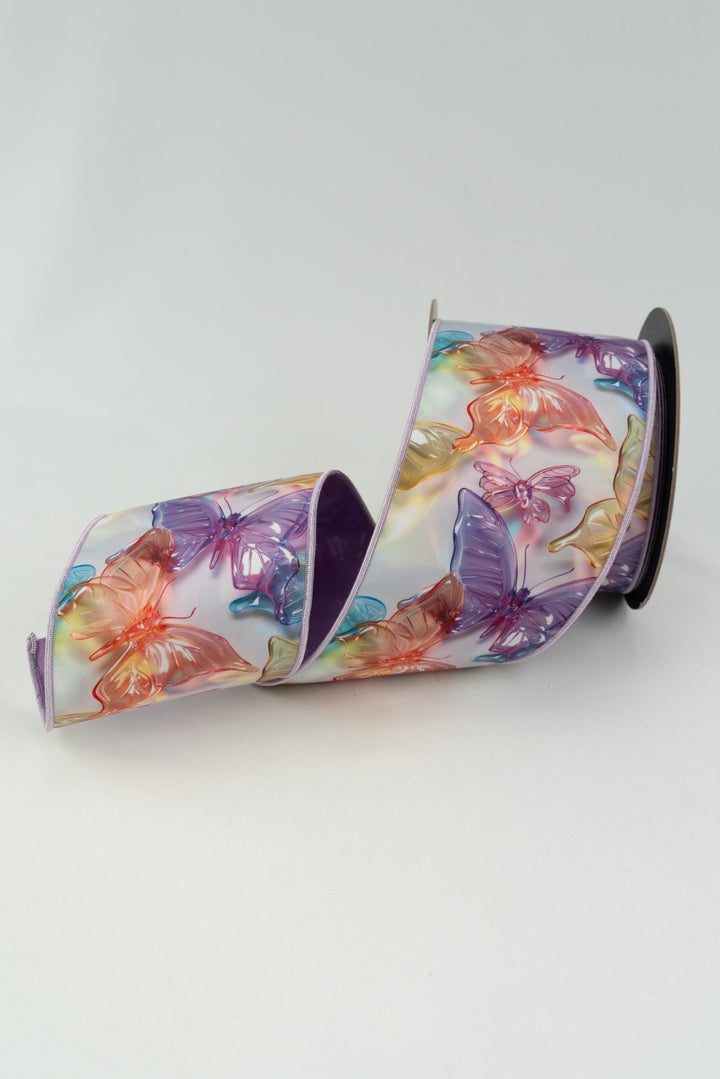 d stevens Lavender, Aqua, & Amber Acrylic Look Pastel Butterflies With Lavender Back Taffeta Wired Ribbon - 4" - Greenery MarketWired ribbon45-0263