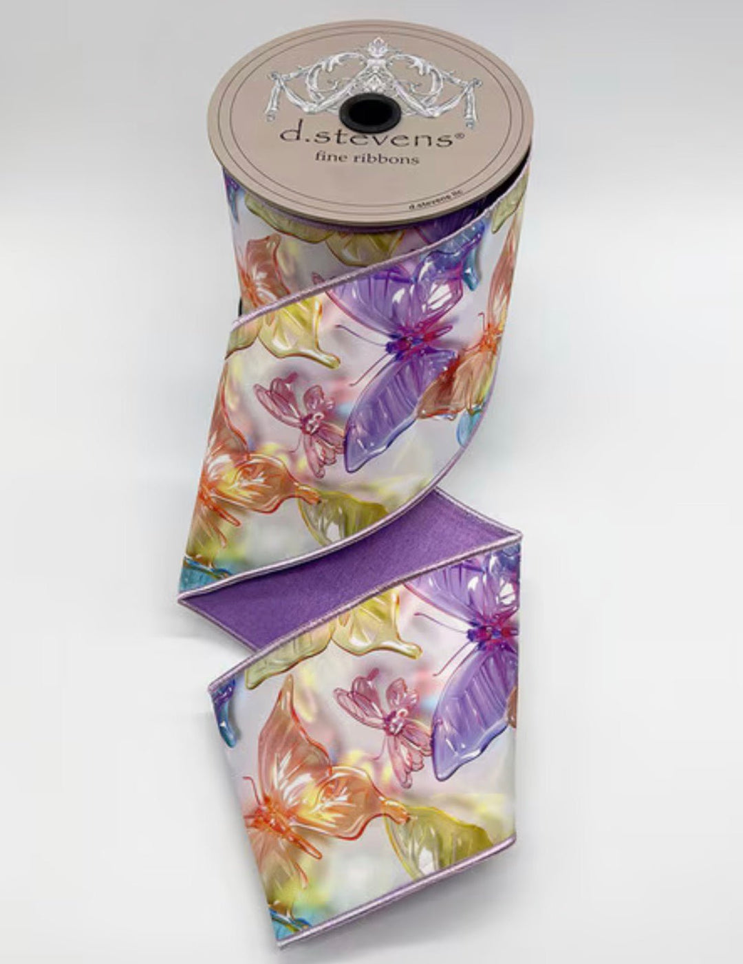 d stevens Lavender, Aqua, & Amber Acrylic Look Pastel Butterflies With Lavender Back Taffeta Wired Ribbon - 4" - Greenery MarketWired ribbon45-0263