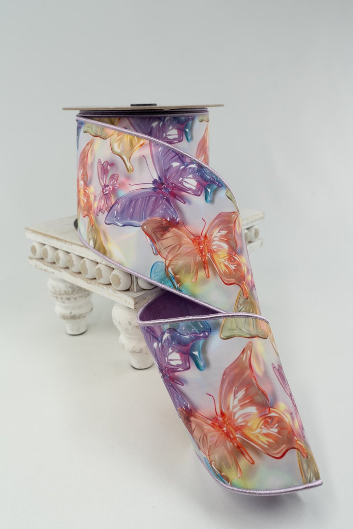 d stevens Lavender, Aqua, & Amber Acrylic Look Pastel Butterflies With Lavender Back Taffeta Wired Ribbon - 4" - Greenery MarketWired ribbon45-0263