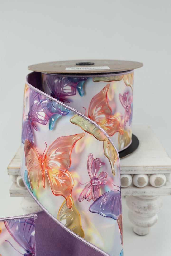 d stevens Lavender, Aqua, & Amber Acrylic Look Pastel Butterflies With Lavender Back Taffeta Wired Ribbon - 4" - Greenery MarketWired ribbon45-0263