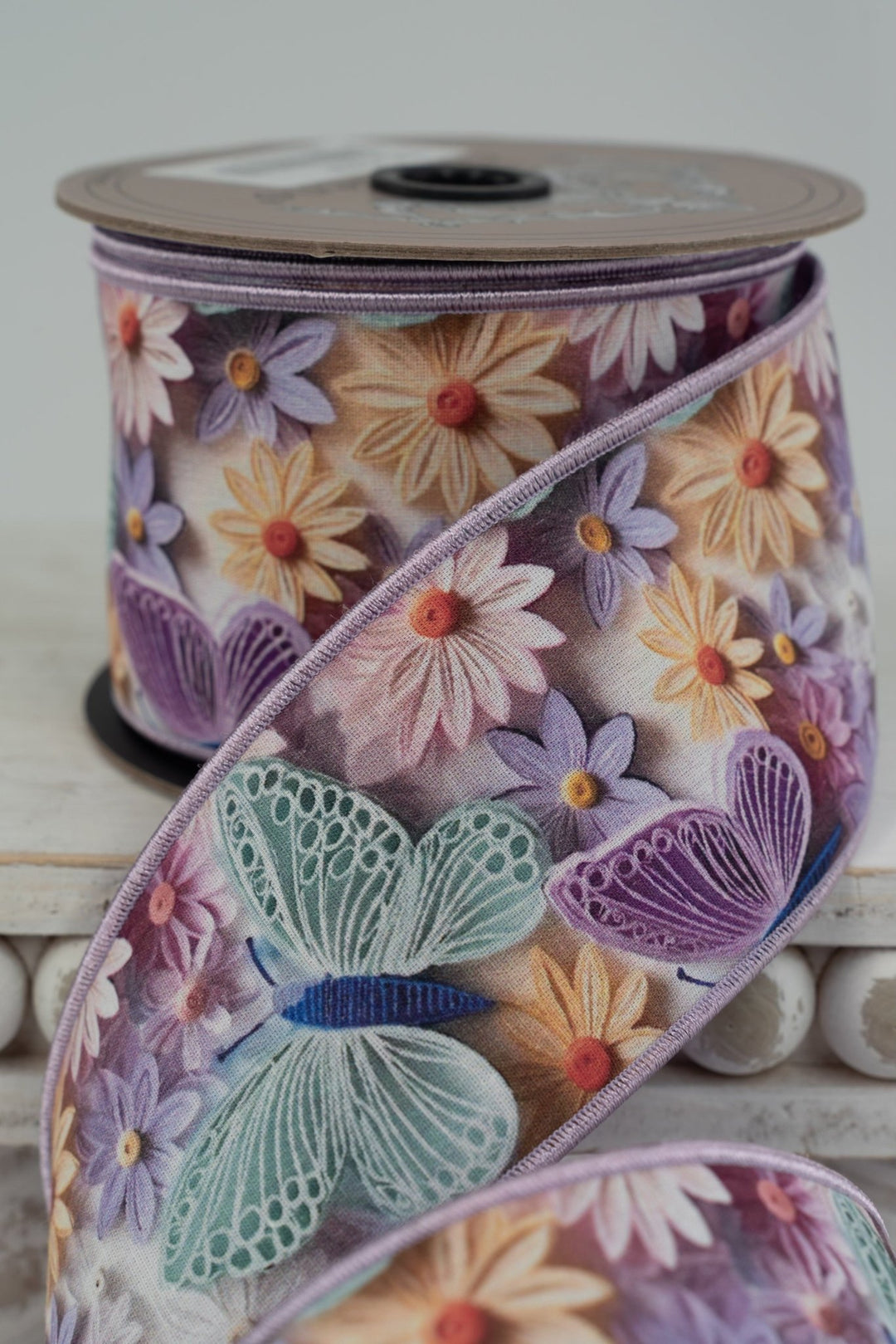 d. stevens Lavender, Mint, And Purple Collage Floral Butterflies Taffeta Wired Ribbon - 2.5" - Greenery MarketWired ribbon45-0256