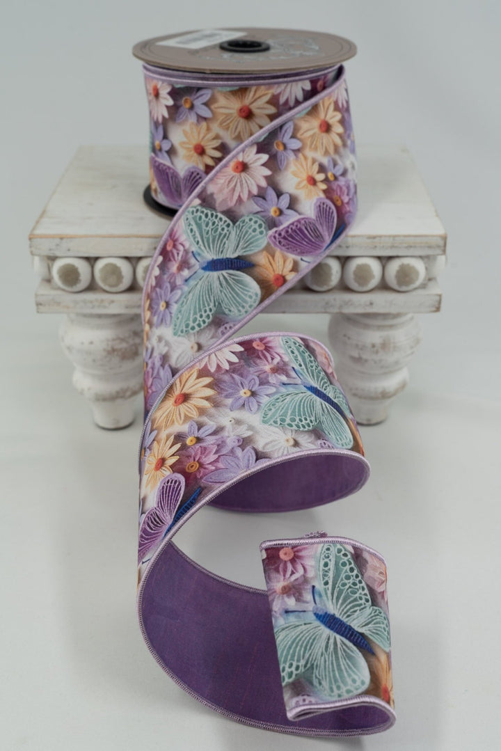 d. stevens Lavender, Mint, And Purple Collage Floral Butterflies Taffeta Wired Ribbon - 2.5" - Greenery MarketWired ribbon45-0256