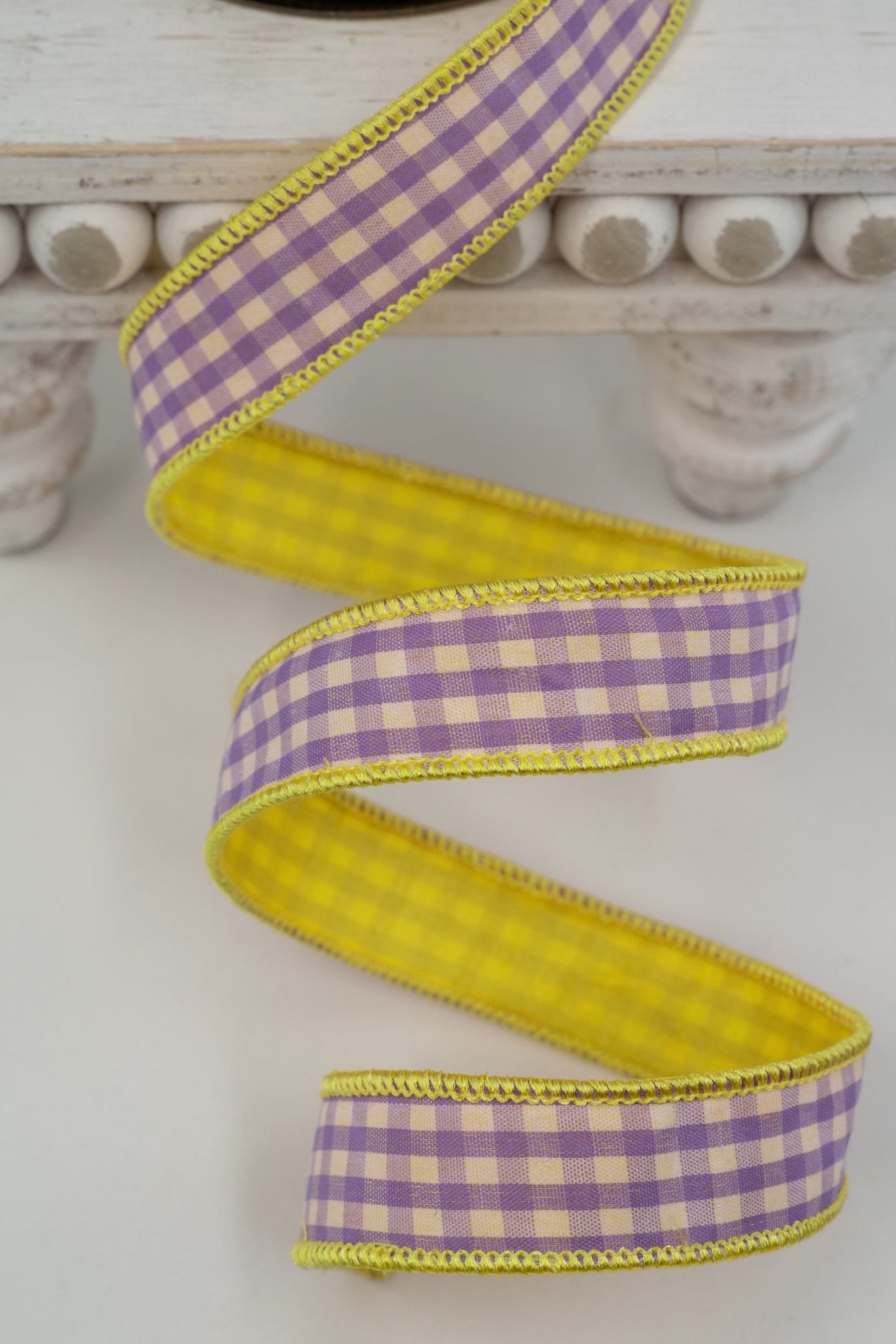 リボン #1 d. stevens Lavender & White Gingham Check Yellow Back Wired Ribbon