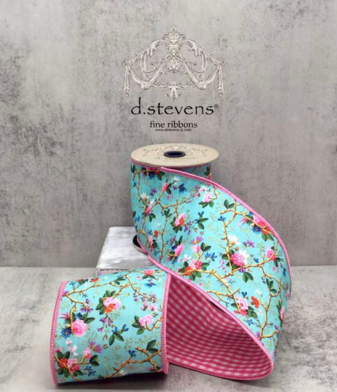 d. stevens Light Blue, Pink, & Lavender Mix Floral Branches Poplin Wired Ribbon - 4" - Greenery MarketWired ribbon18-4553