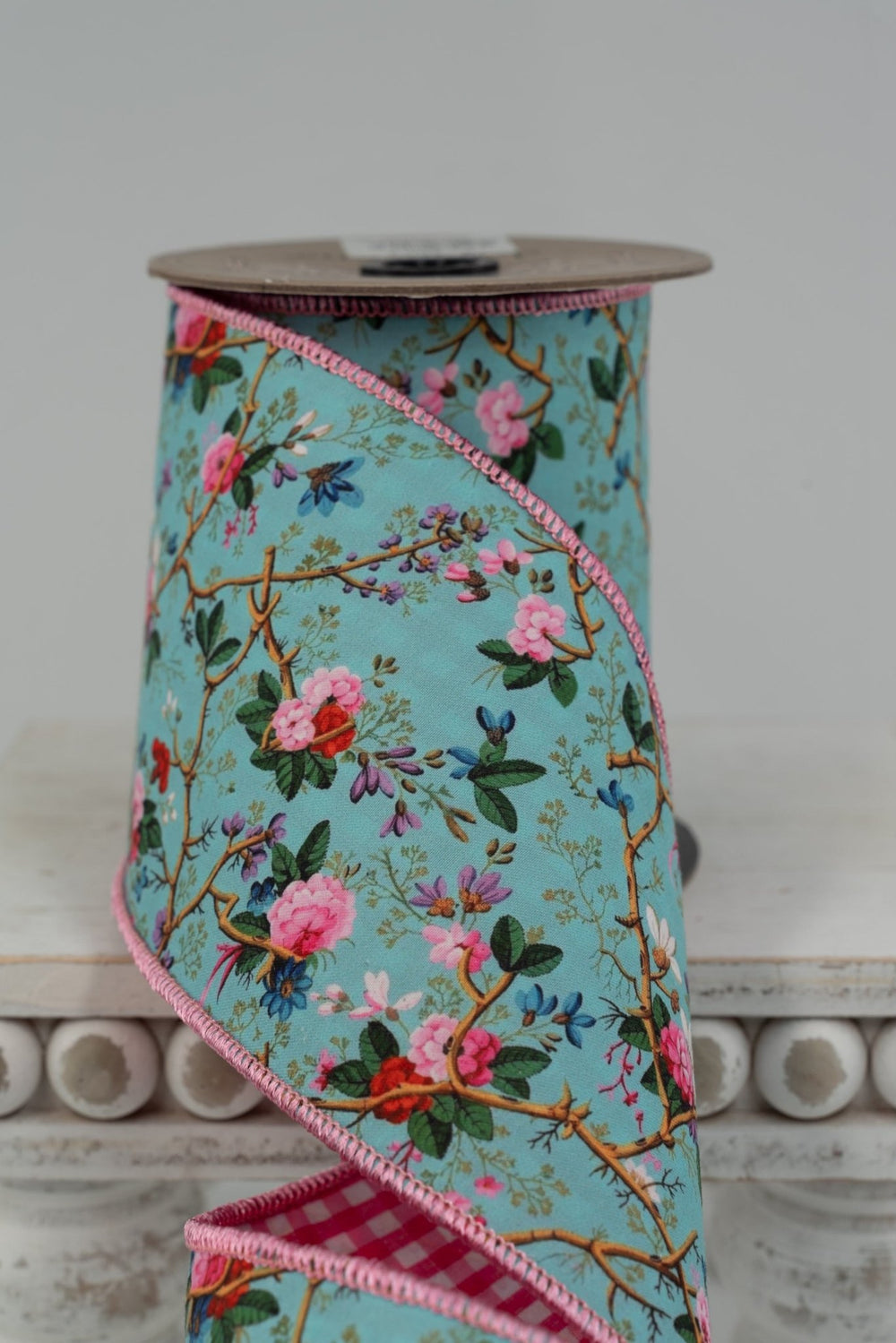 d. stevens Light Blue, Pink, & Lavender Mix Floral Branches Poplin Wired Ribbon - 4" - Greenery MarketWired ribbon18-4553