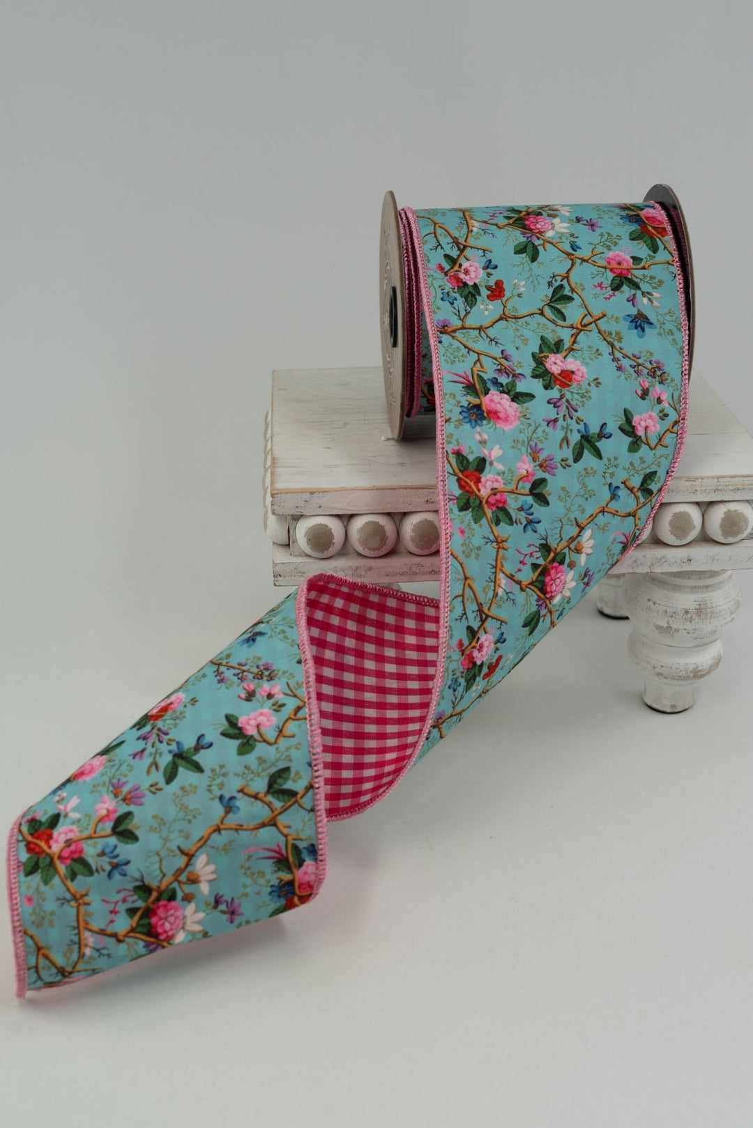 d. stevens Light Blue, Pink, & Lavender Mix Floral Branches Poplin Wired Ribbon - 4" - Greenery MarketWired ribbon18-4553