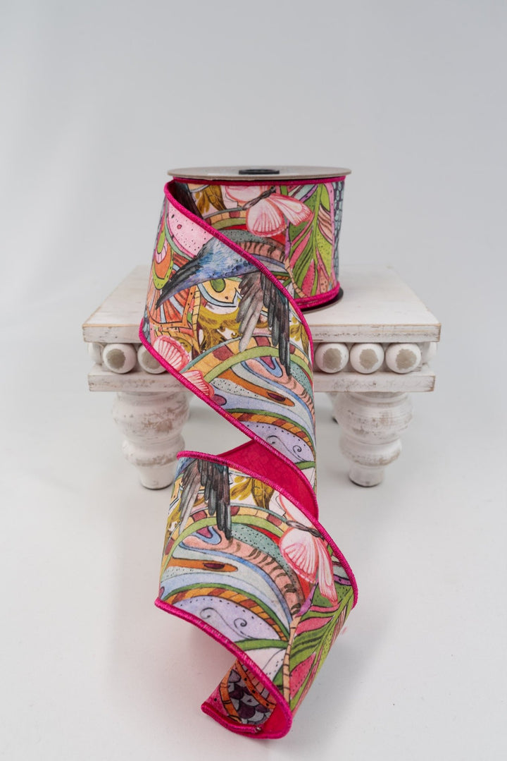 d. stevens Lime & Aqua Blue Collage Floral Butterfly Bird With Hot Pink Back Taffeta Wired Ribbon - 2.5" - Greenery MarketWired ribbon45-0271