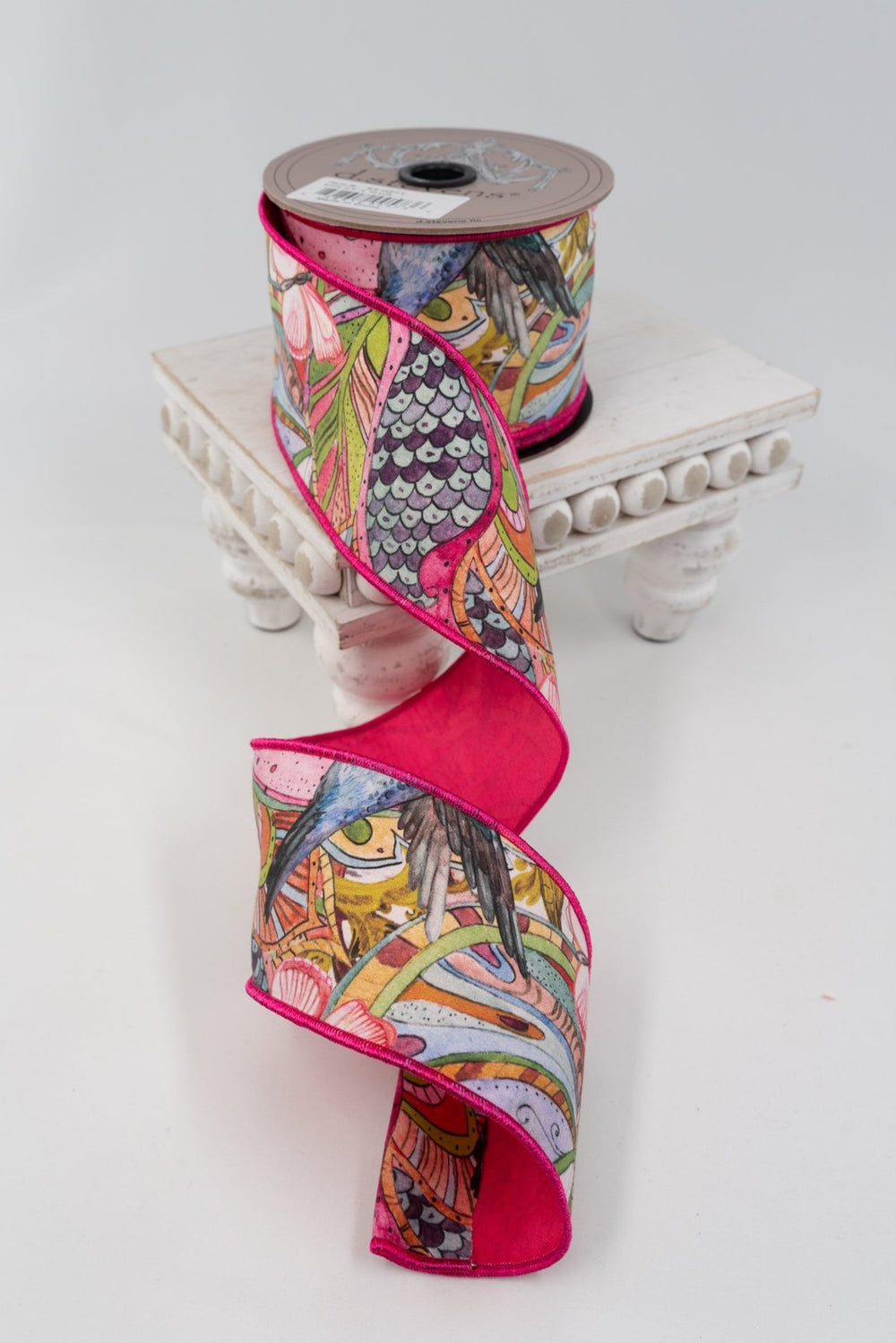 d. stevens Lime & Aqua Blue Collage Floral Butterfly Bird With Hot Pink Back Taffeta Wired Ribbon - 2.5" - Greenery MarketWired ribbon45-0271