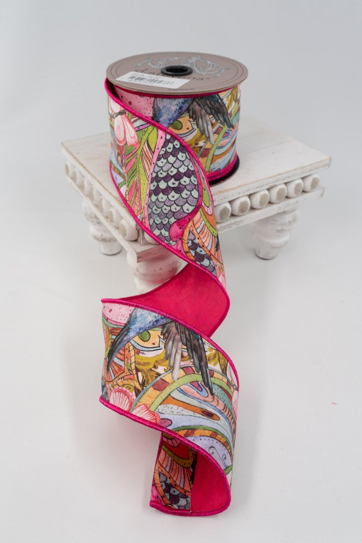 d. stevens Lime & Aqua Blue Collage Floral Butterfly Bird With Hot Pink Back Taffeta Wired Ribbon - 2.5" - Greenery MarketWired ribbon45-0271