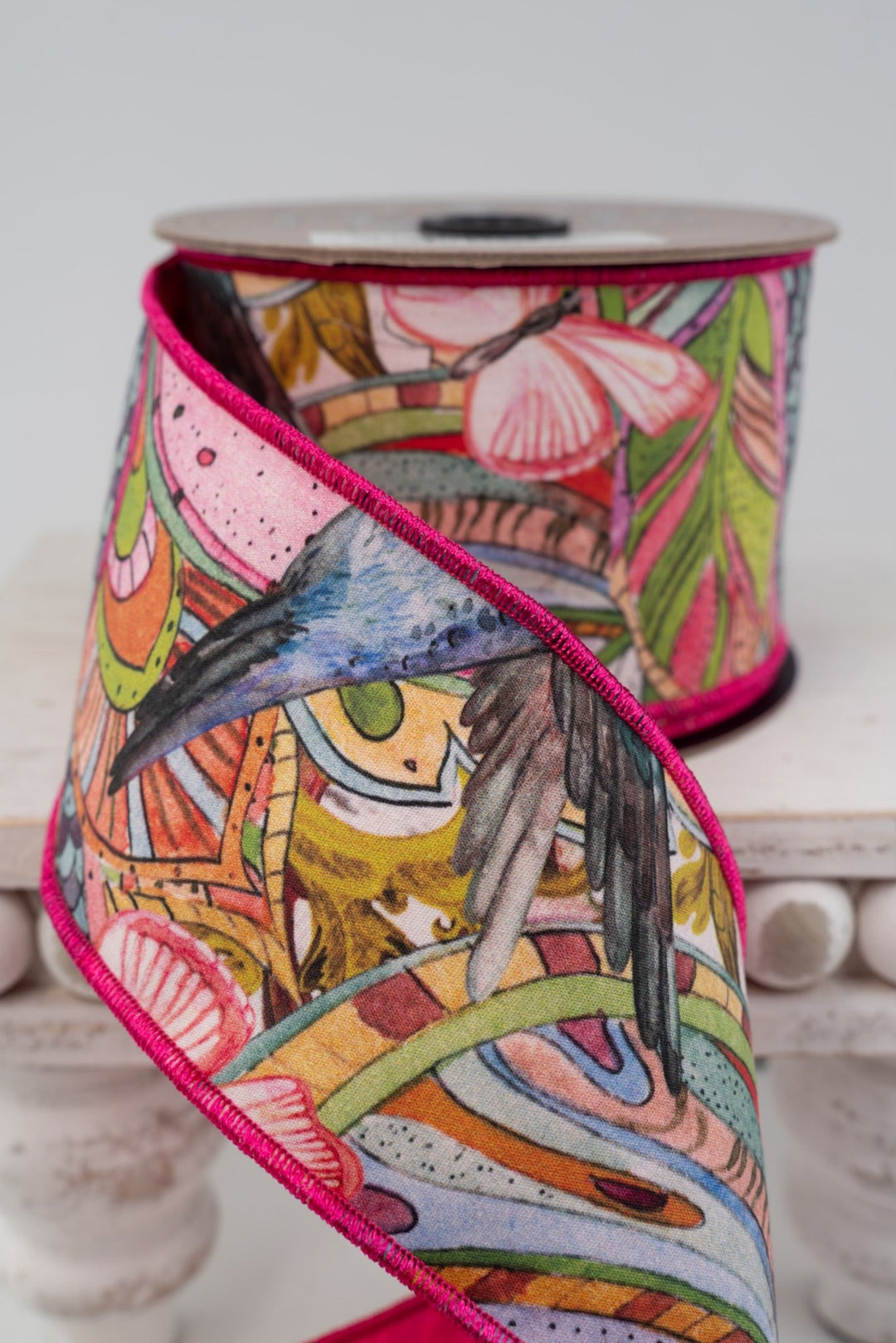 d. stevens Lime & Aqua Blue Collage Floral Butterfly Bird With Hot Pink Back Taffeta Wired Ribbon - 2.5" - Greenery MarketWired ribbon45-0271