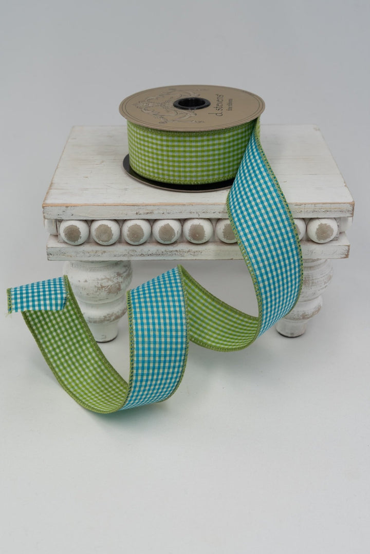d. stevens Lime Green & Blue Gingham Poplin Wired Ribbon - 1.5" - Greenery MarketWired ribbon09-4383