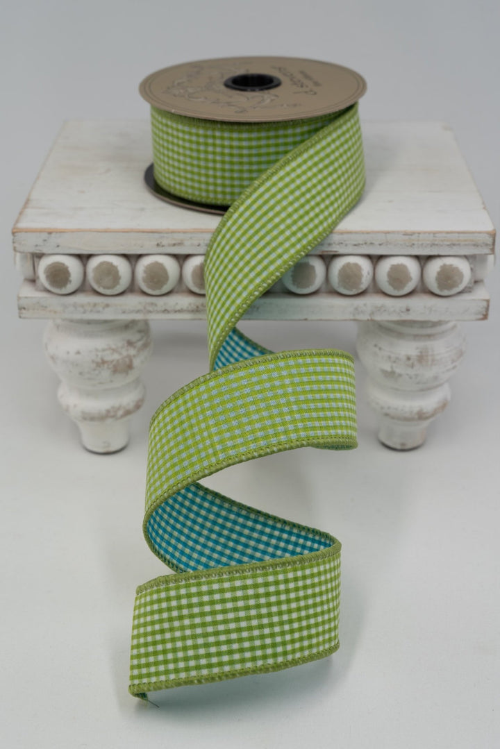 d. stevens Lime Green & Blue Gingham Poplin Wired Ribbon - 1.5" - Greenery MarketWired ribbon09-4383