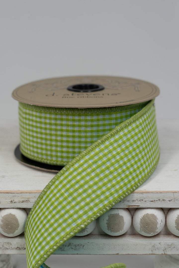 d. stevens Lime Green & Blue Gingham Poplin Wired Ribbon - 1.5" - Greenery MarketWired ribbon09-4383