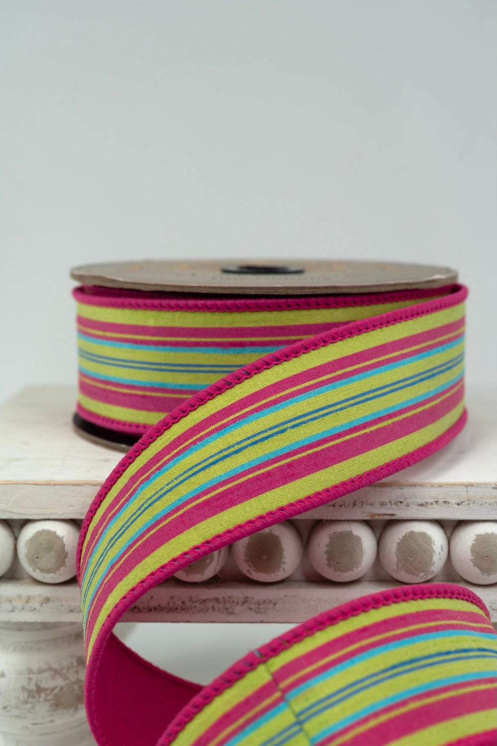 d. stevens Lime, Hot Pink, & Teal Multi Stripe Dupion Wired Ribbon - 1.5" - Greenery MarketWired ribbon05-1835