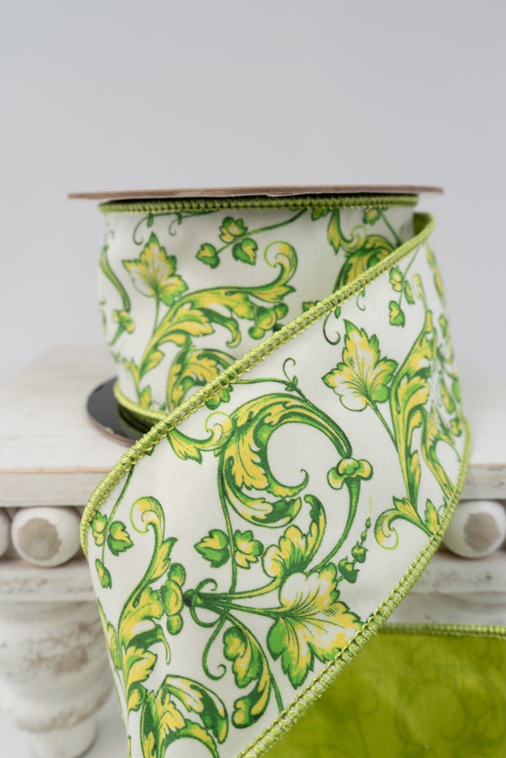 d stevens Lime & White Acanthus Scroll Chinoiserie Taffeta Wired Ribbon - 2.5" d. stevens - Greenery MarketWired ribbon18-4479