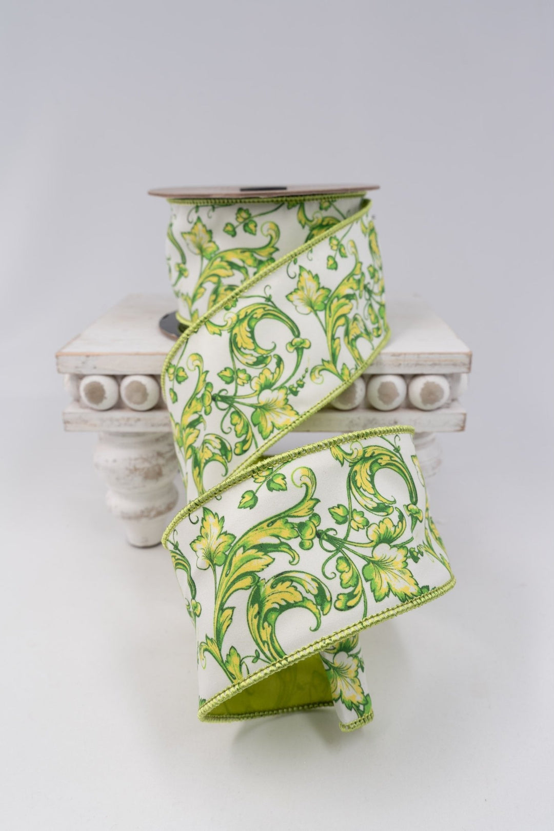d stevens Lime & White Acanthus Scroll Chinoiserie Taffeta Wired Ribbon - 2.5" d. stevens - Greenery MarketWired ribbon18-4479