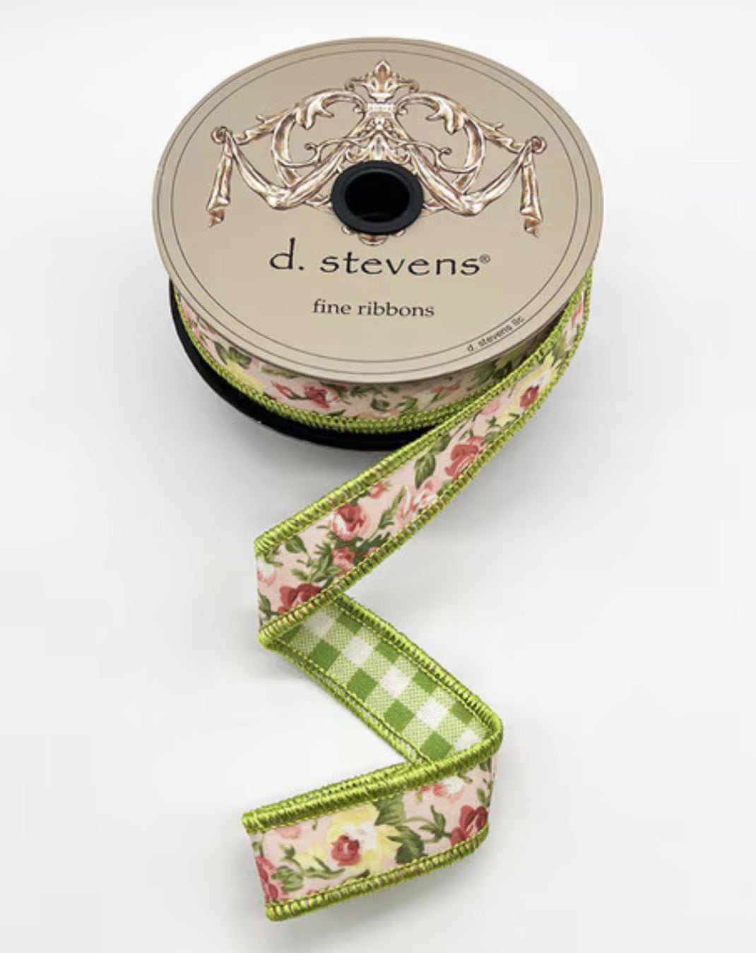 d. stevens Mauve & Yellow Roses With Green Check Back Poplin Wired Wired Ribbon - 1" - Greenery MarketWired ribbon18-4815