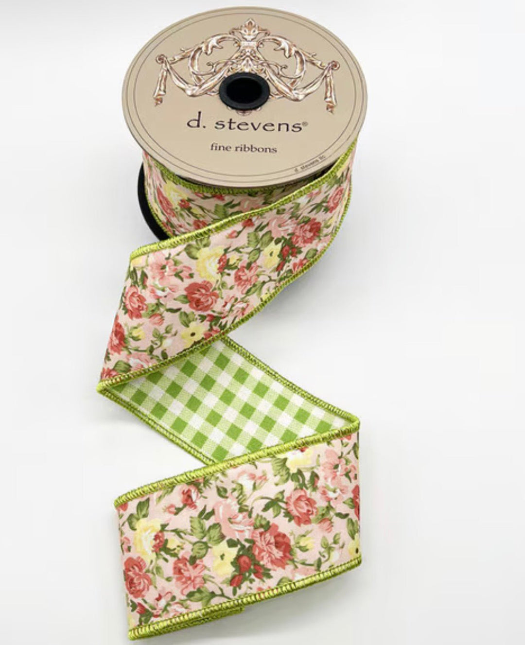 d. stevens Mauve & Yellow Roses With Green Check Back Poplin Wired Wired Ribbon - 2.5" - Greenery MarketWired ribbon18-4816