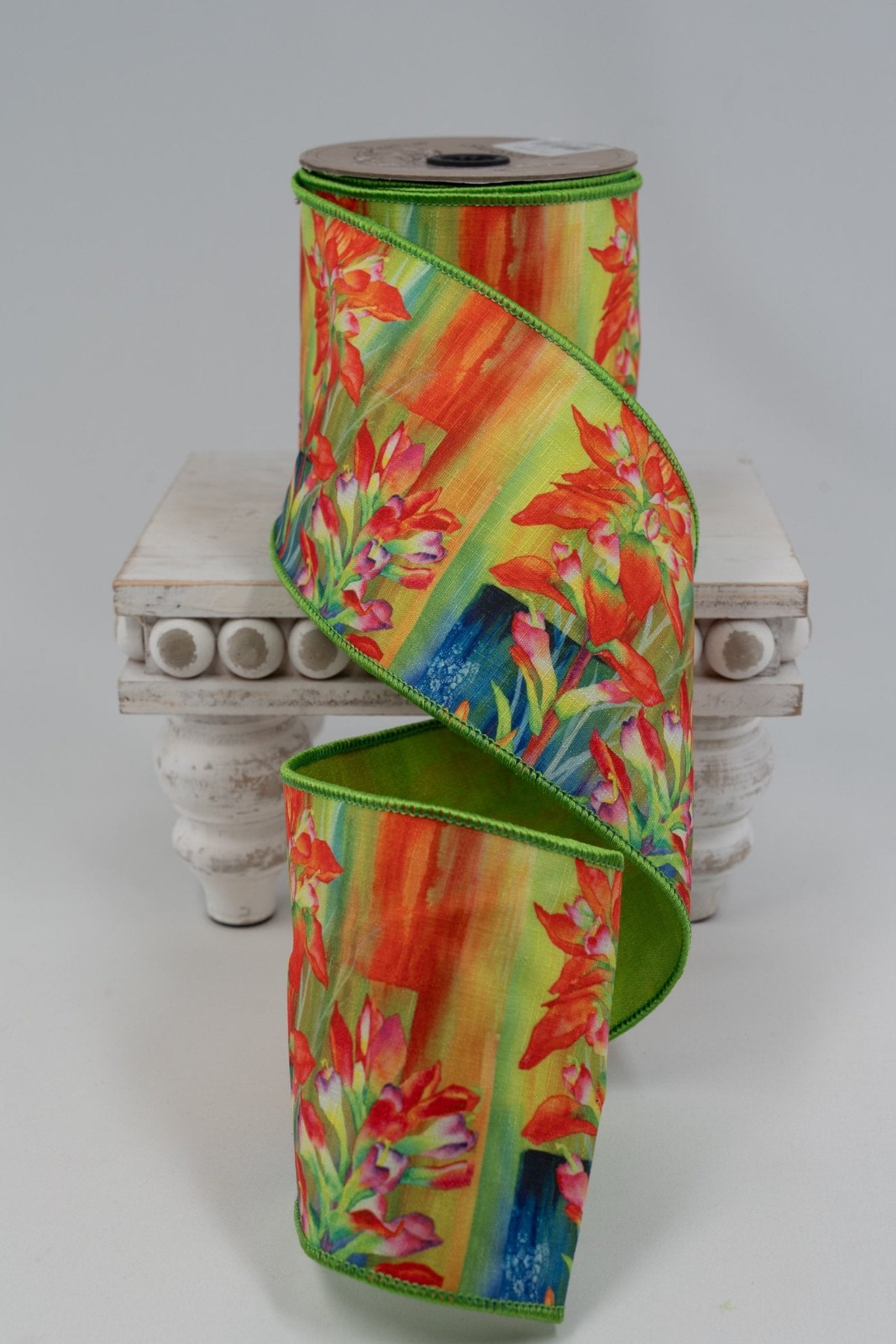 d. stevens Orange, Ginger, & Green Taffeta Back Linen Wired Ribbon