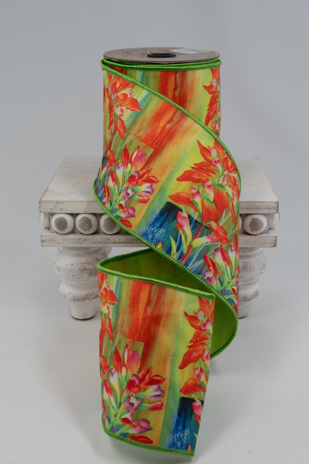 d. stevens Orange, Ginger, & Green Taffeta Back Linen Wired Ribbon - 4" - Greenery MarketWired ribbon18-4493