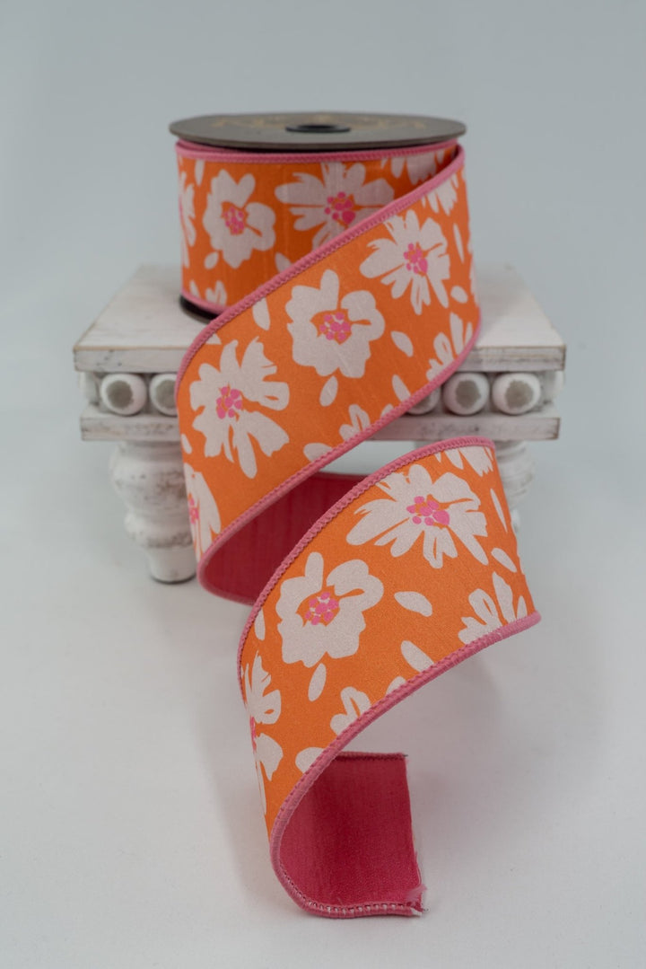 d. Stevens Orange & Hot Pink Hand Drawn Abstract Daisies Dupion Wired Ribbon - 2.5" - Greenery MarketWired ribbon05-1556