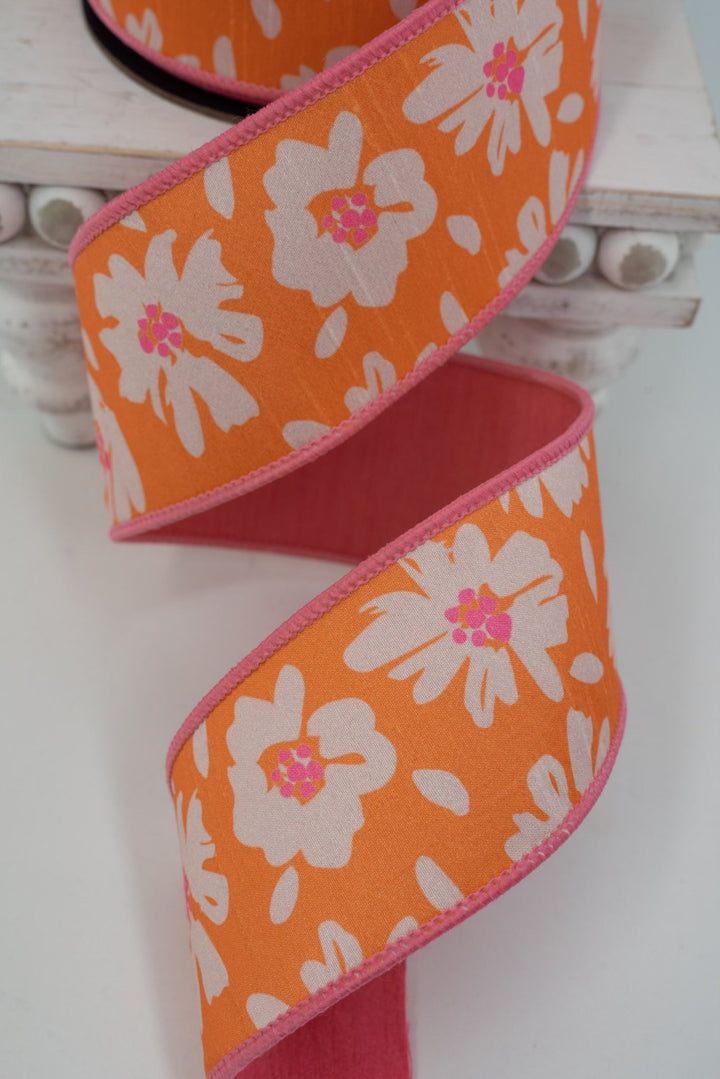 d. Stevens Orange & Hot Pink Hand Drawn Abstract Daisies Dupion Wired Ribbon - 2.5" - Greenery MarketWired ribbon05-1556