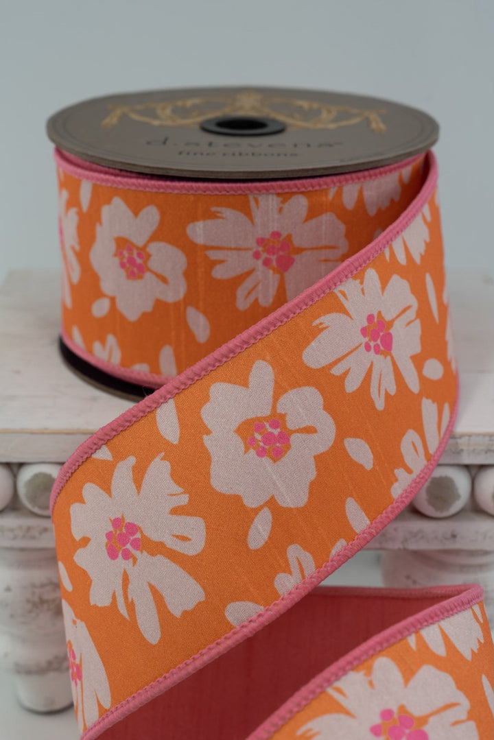 d. Stevens Orange & Hot Pink Hand Drawn Abstract Daisies Dupion Wired Ribbon - 2.5" - Greenery MarketWired ribbon05-1556