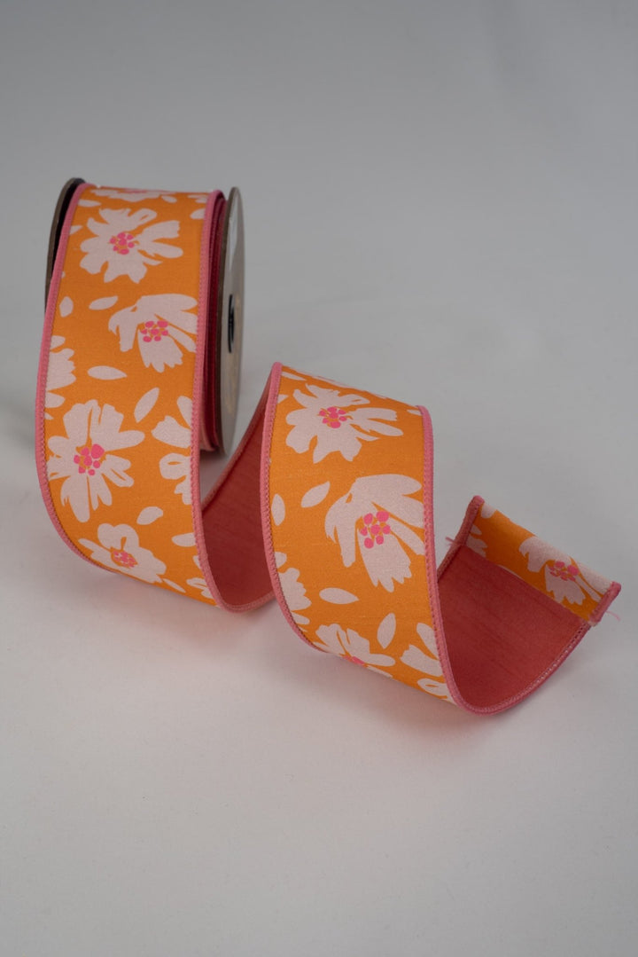 d. Stevens Orange & Hot Pink Hand Drawn Abstract Daisies Dupion Wired Ribbon - 2.5" - Greenery MarketWired ribbon05-1556