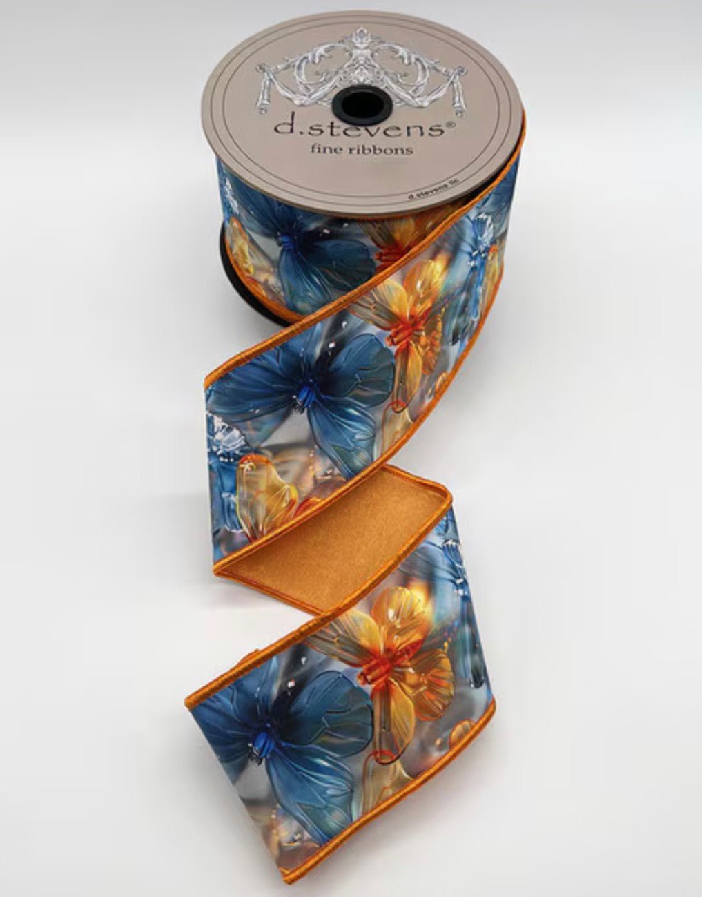 d. stevens Orange, Yellow, & Blue Acrylic Mix Colorful Butterflies Orange Back Taffeta Wired Ribbon - 2.5" - Greenery MarketWired ribbon45-0238