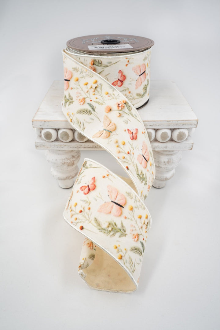 d. stevens Peach, Celadon, & Ivory No Two Alike Spring Floral Butterflies Taffeta Wired Ribbon - 2.5" - Greenery MarketWired ribbon45-0229