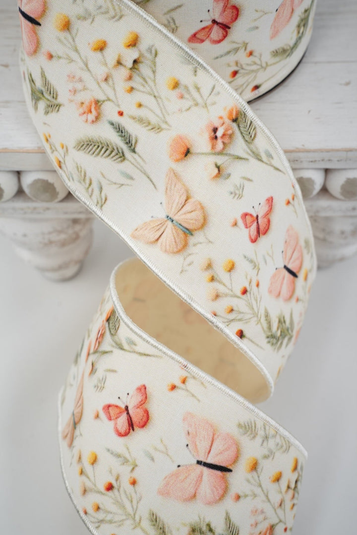 d. stevens Peach, Celadon, & Ivory No Two Alike Spring Floral Butterflies Taffeta Wired Ribbon - 2.5" - Greenery MarketWired ribbon45-0229