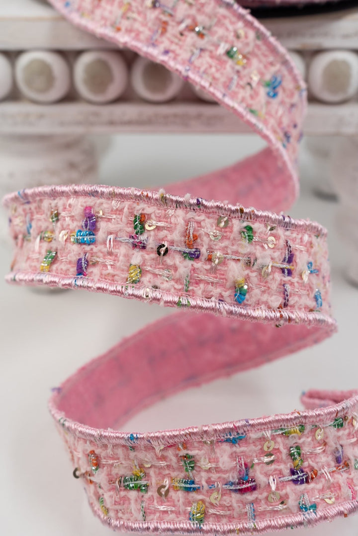 d. stevens Pink, Blue, Green, & Yellow Color Splash Boucle Wired Ribbon - 1" - Greenery MarketWired ribbon45-0281